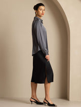 [Donkergrijs] SilkSilky-NL Long Sleeve Lapel Collar Dames Blouse 009