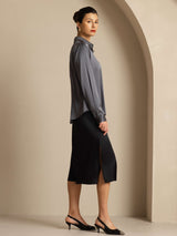 [Donkergrijs] SilkSilky-NL Long Sleeve Lapel Collar Dames Blouse 009