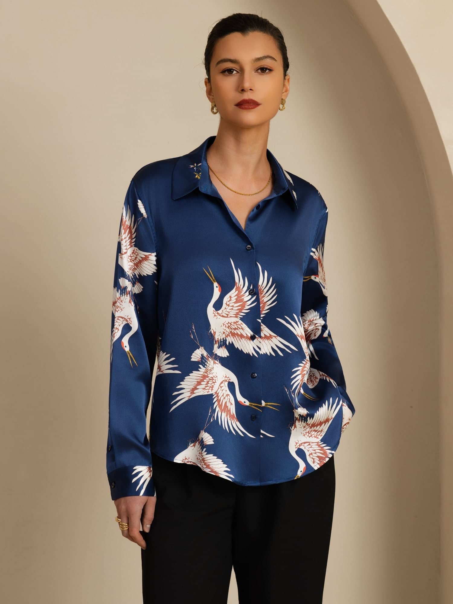 [Donkerblauw] SilkSilky-NL Long Sleeve Lapel Collar Dames Blouse 001