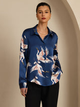 [Donkerblauw] SilkSilky-NL Long Sleeve Lapel Collar Dames Blouse 001