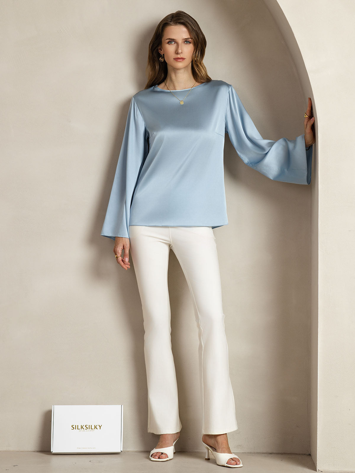 [Grijsachtig Blauw] SilkSilky-NL 19Momme Zijde Ronde Hals Dames T-Shirt 003,