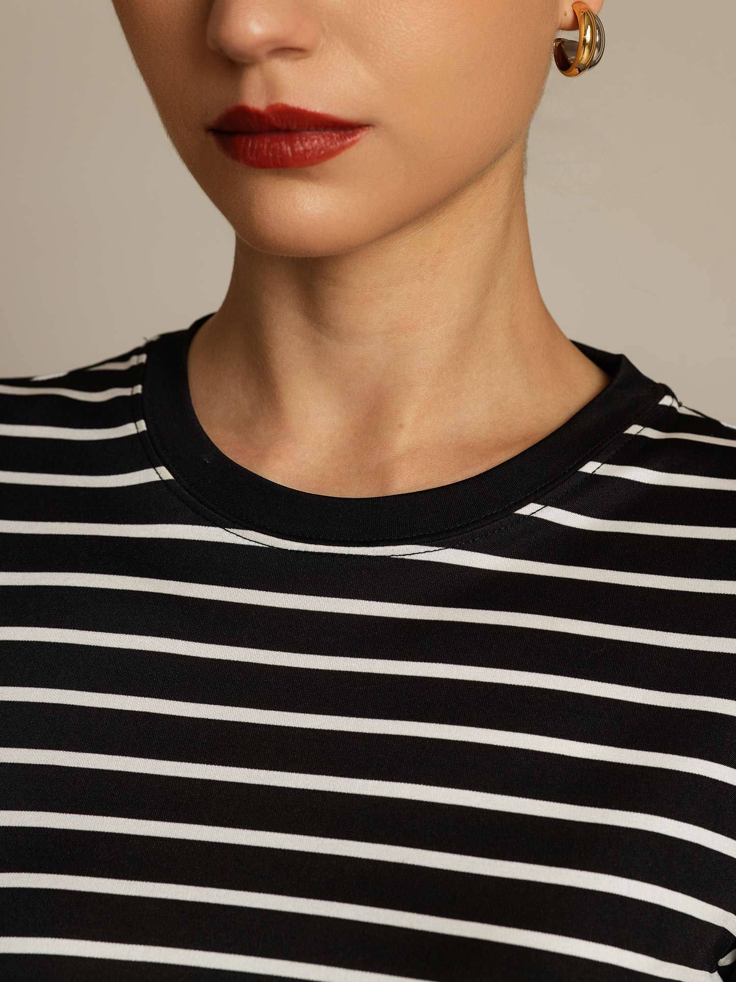 [ZwarteStreep] SilkSilky-NL Zijde Ronde Hals Dames T-Shirt 004