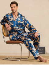[Navy Draak] SilkSilky-NL Long Sleeve Notch Collar Heren Pyjama Set 008