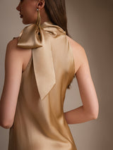 [Champagne] SilkSilky-NL 19Momme Stretch Silk Charmeuse Sleeveless Tie Neck Jurk 002