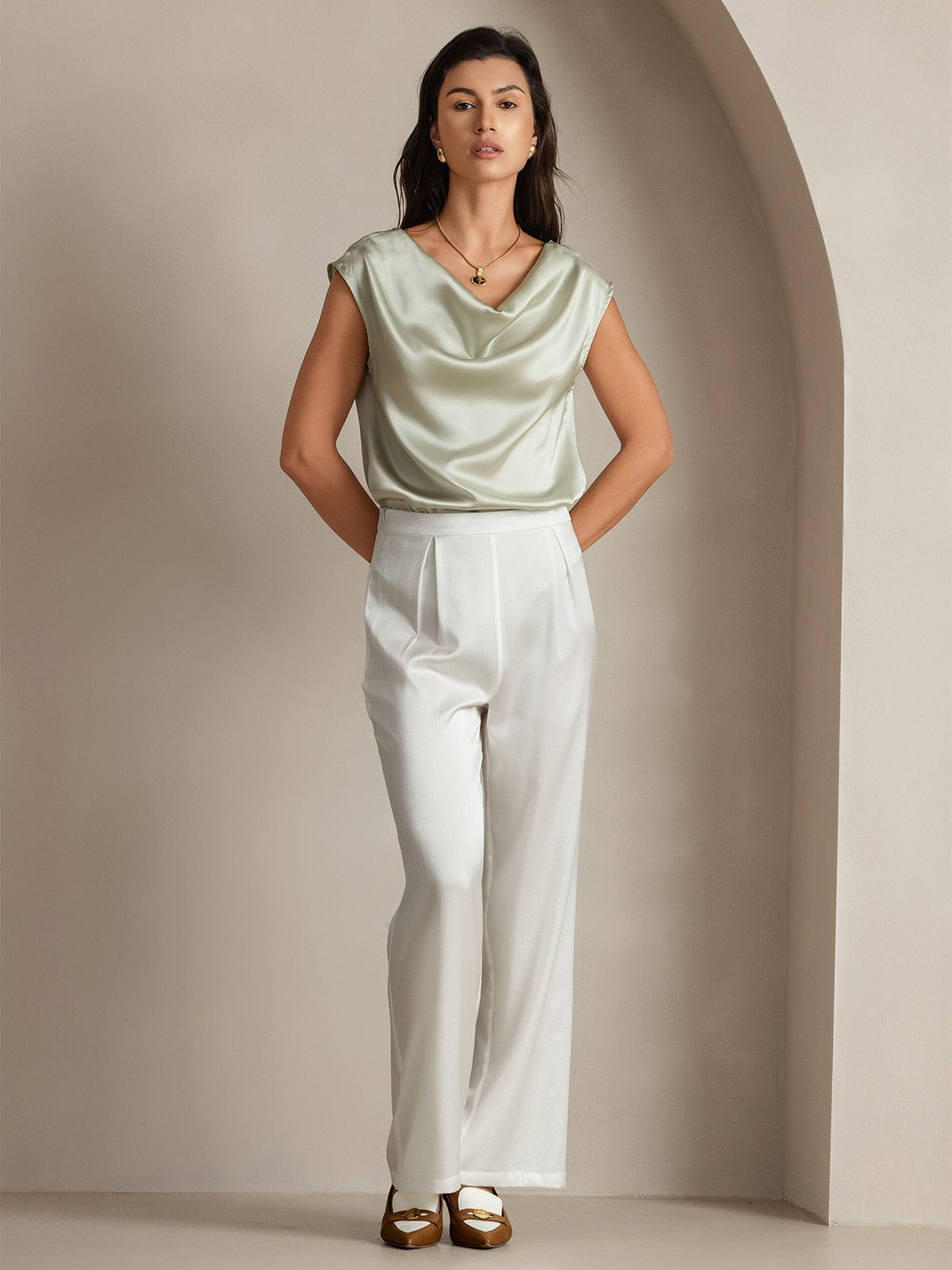 [Lichtgroene] SilkSilky-NL 19Momme Zijde Mouwloos Womens T-Shirt 005