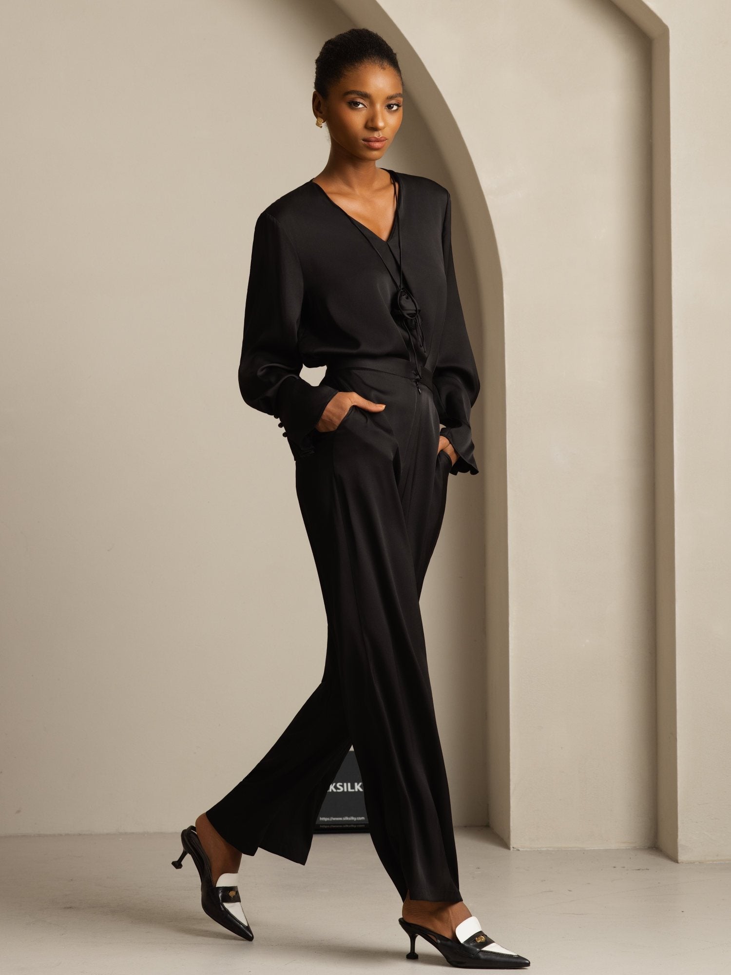 [Zwart] SilkSilky-NL 19Momme Zijde Lange Mouw V Hals Blouse 008