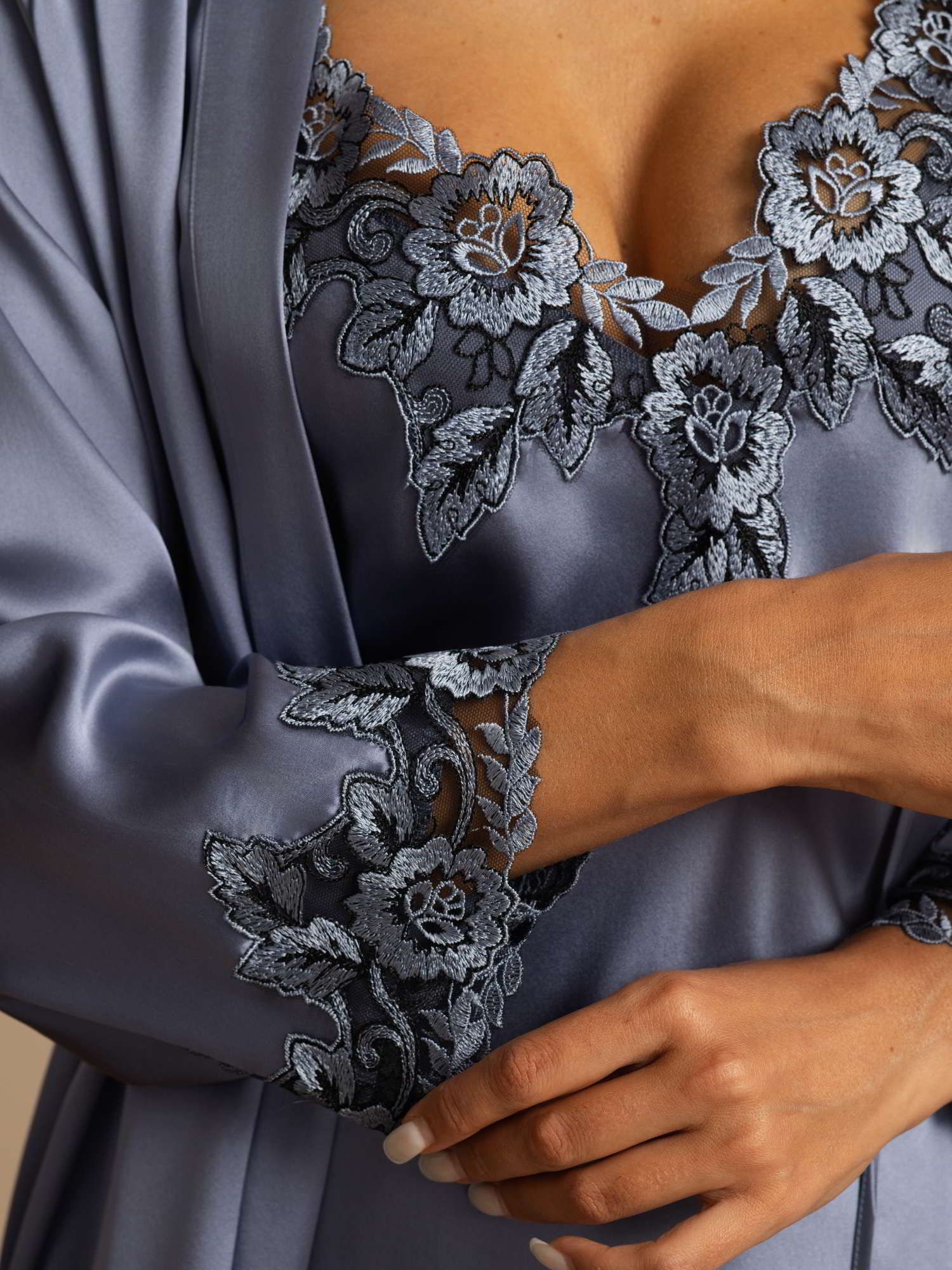 [Staal Blauw] SilkSilky-NL Zijde 3/4 Mouw Womens Pajamas 004