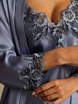 [Staal Blauw] SilkSilky-NL Zijde 3/4 Mouw Womens Pajamas 004