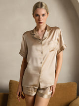 [Champagne] SilkSilky-NL Short Sleeve Lapel Collar Dames Pyjama Set 003
