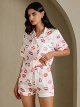 [Witte Lippenstift] SilkSilky-NL Short Sleeve Notch Collar Dames Pyjama Set 003