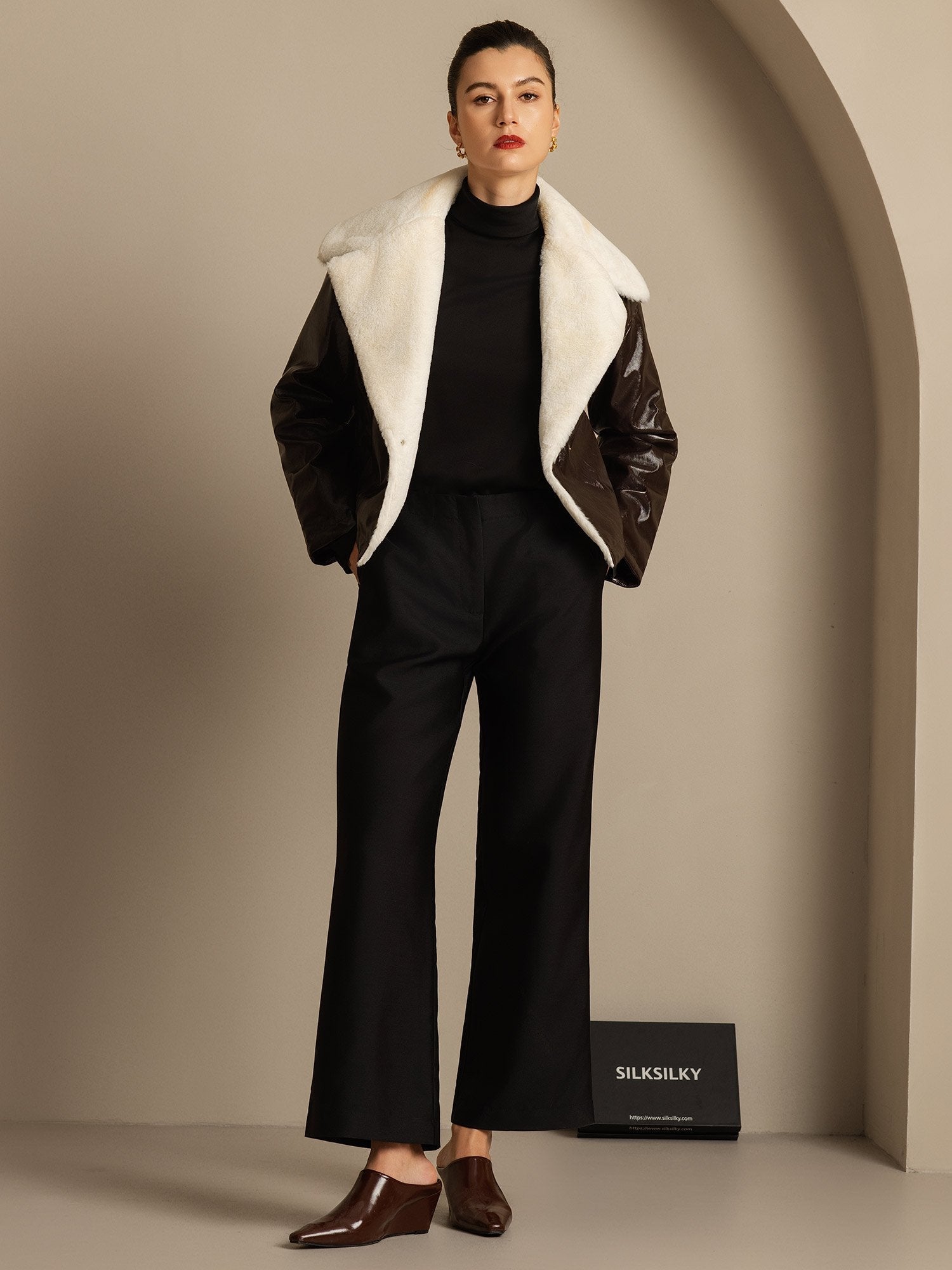 [Zwart] SilkSilky-NL 32Momme Silk-Wool Blend Womens Pants 006,