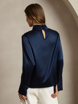 [Donkerblauw] SilkSilky-NL Long Sleeve Keyhole Neck Blouse 002