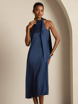 [Donkerblauw] SilkSilky-NL Sleeveless Tie Neck Jurk 009
