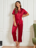 SilkSilky NL Pure Silk Korte Mouw Revers Dames Pyjama Set Donkerrood 003