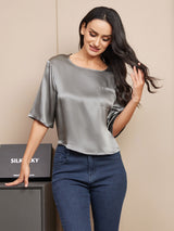 [Donkergrijs] SilkSilky-NL Halve Mouw Diepe Ronde Hals Dames T-Shirt 003