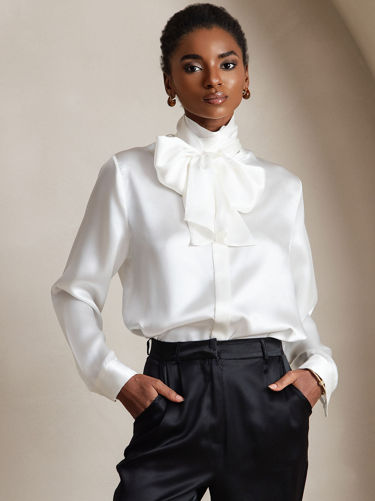 [Wit] SilkSilky-NL Long Sleeve Tie Neck Blouse 001