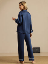 [Donkerblauw] SilkSilky-NL Lange Mouw Notchkraag Dames Pyjama Set 002