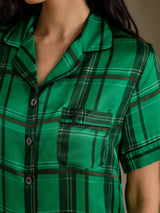 [Groen Geruit] SilkSilky-NL Short Sleeve Notch Collar Dames Pyjama Set 005