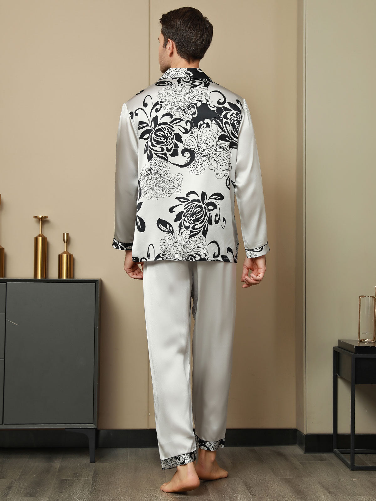 SilkSilky NL Pure Silk Lange Mouw Revers Heren Pyjama Set Grijs 002