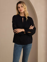 [Zwart] SilkSilky-NL Long Sleeve Keyhole Neck Blouse 005