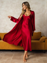 [Wijn] SilkSilky-NL Long Sleeve V Neck Nachthemd&Kamerjas Set 001