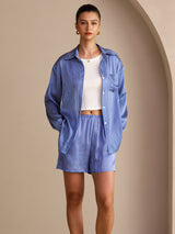 [Blauwe Krijtstreep] SilkSilky-NL Long Sleeve Lapel Collar Women's Outfit Sets 004