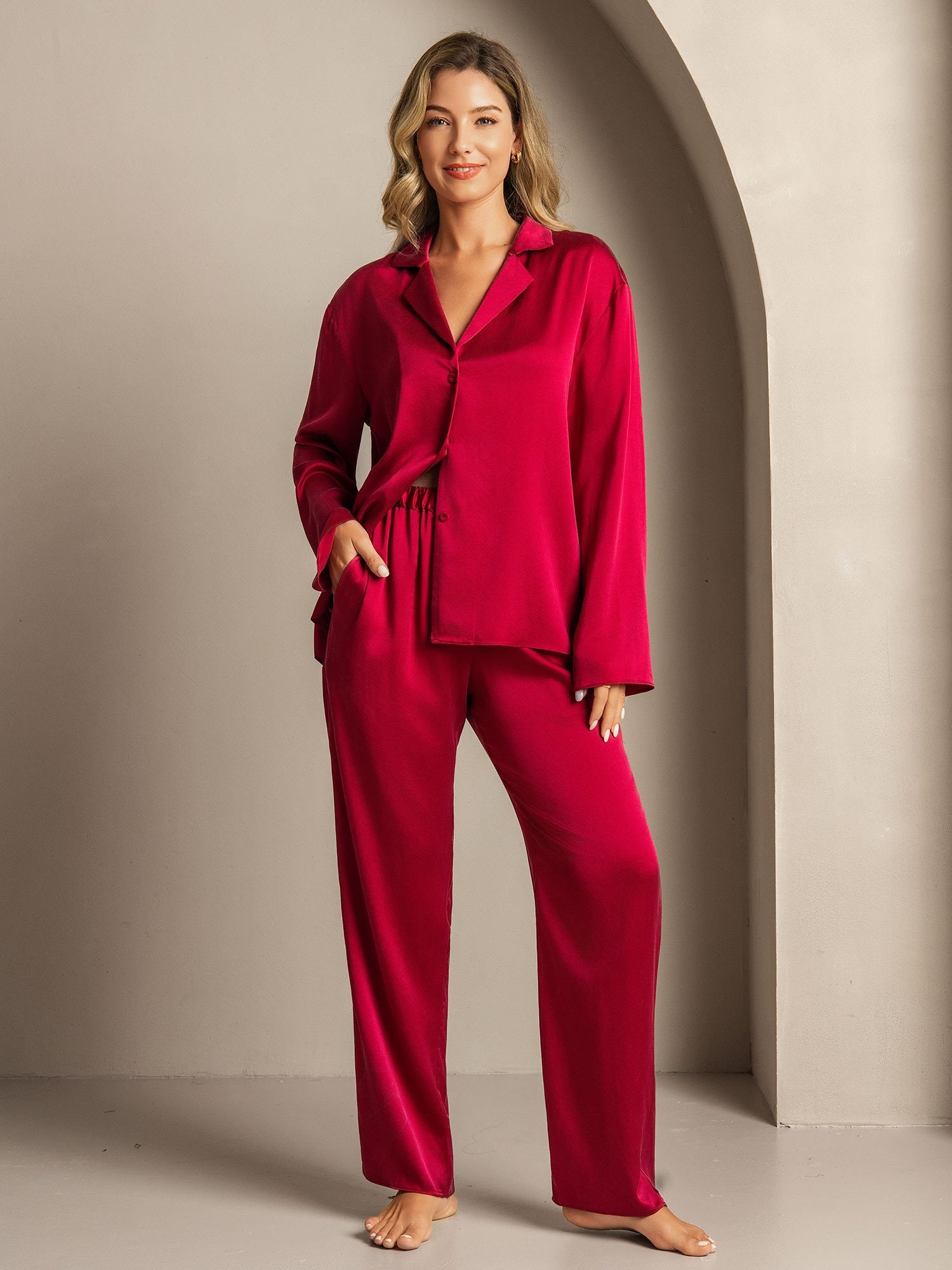 [Wijn] SilkSilky-NL 19Momme Zijde Inkeping Dames Pyjama Set 005