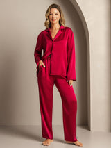 [Wijn] SilkSilky-NL 19Momme Lange Mouw Notchkraag Dames Pyjama Set 005