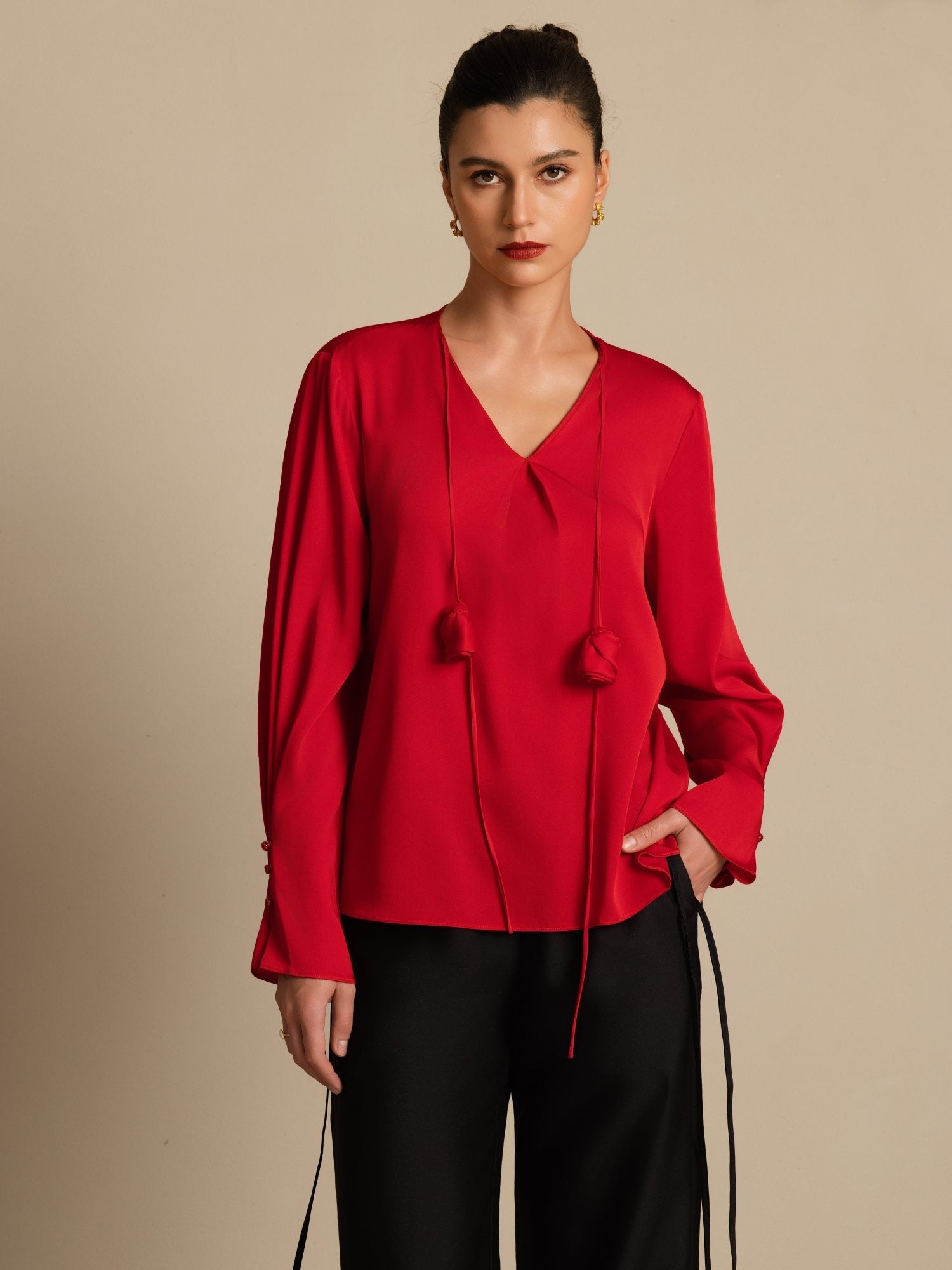[Wijn] SilkSilky-NL 19Momme Zijde Lange Mouw V Hals Blouse 003