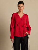 [Wijn] SilkSilky-NL 19Momme Zijde Lange Mouw V Hals Blouse 003