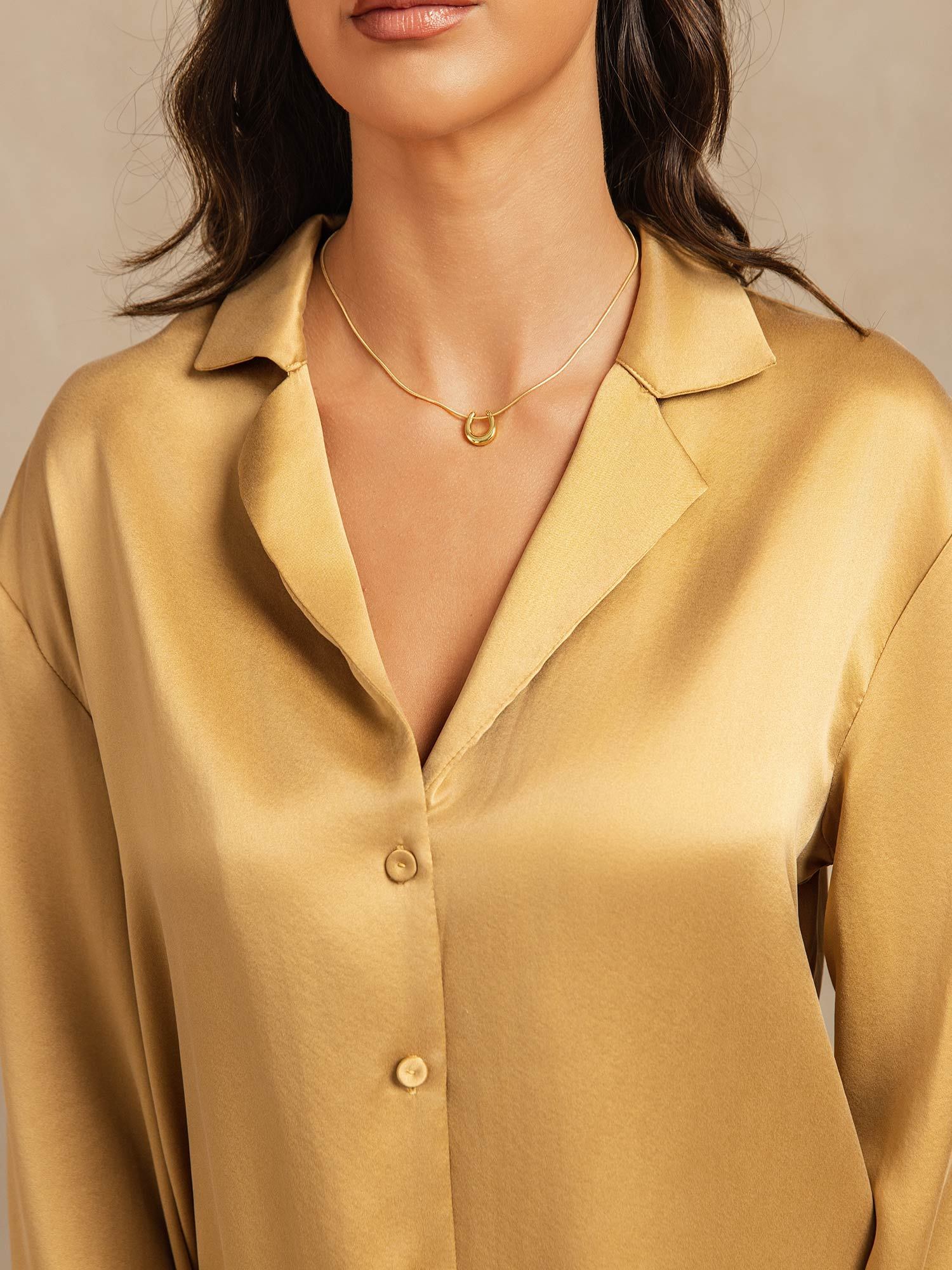 [Tan] SilkSilky-NL 19Momme Zijde Inkeping Dames Pyjama Set 004