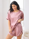 SilkSilky NL Pure Silk Korte Mouw Ronde Hals Dames Pyjama Set BleekMauve 004