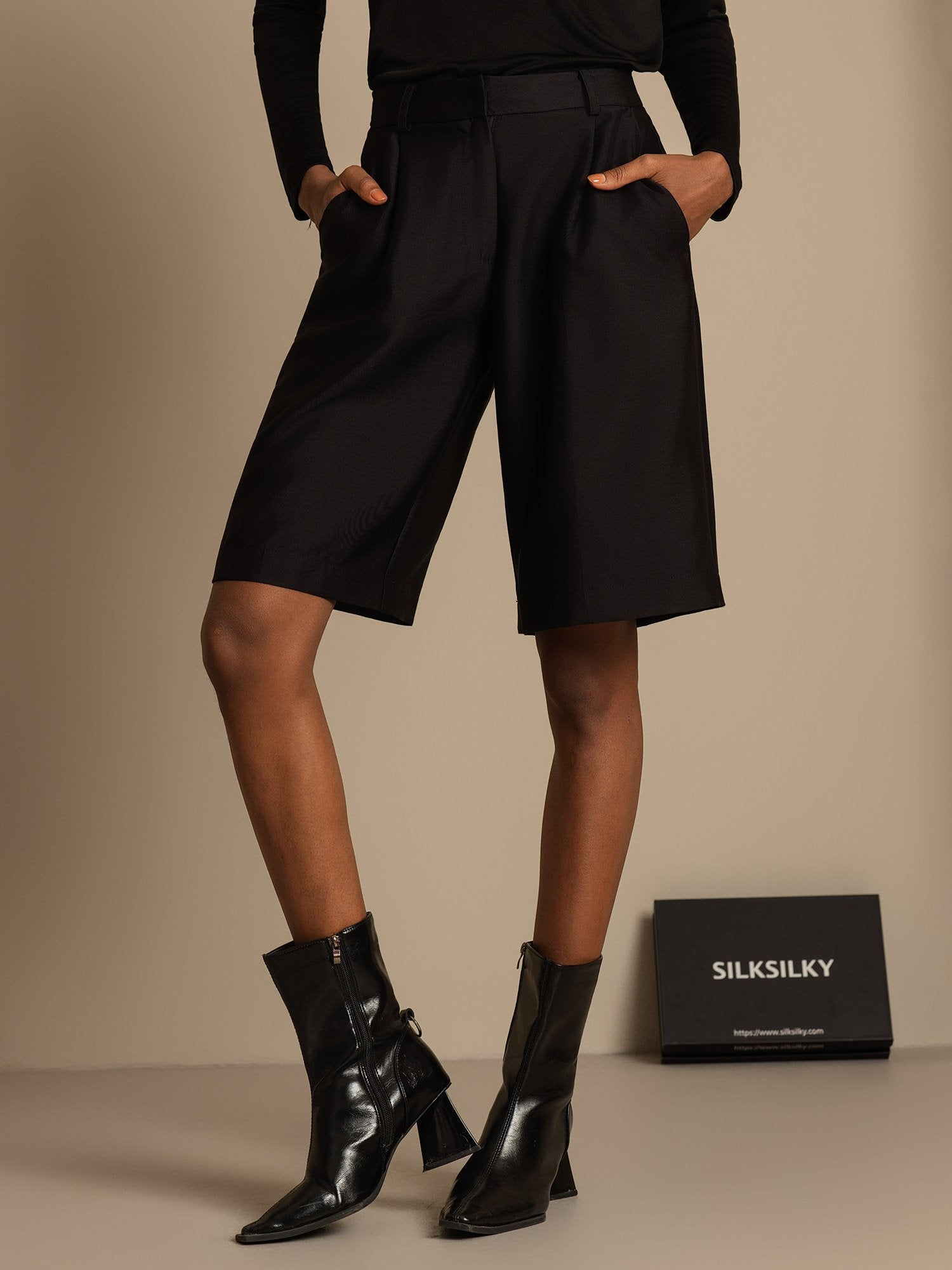 [Zwart] SilkSilky-NL 32Momme Silk-Wool Blend Womens Shorts 001,