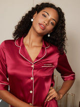 [Wijn] SilkSilky-NL Pure Silk Halve Mouw Revers Slaap Hemd 003