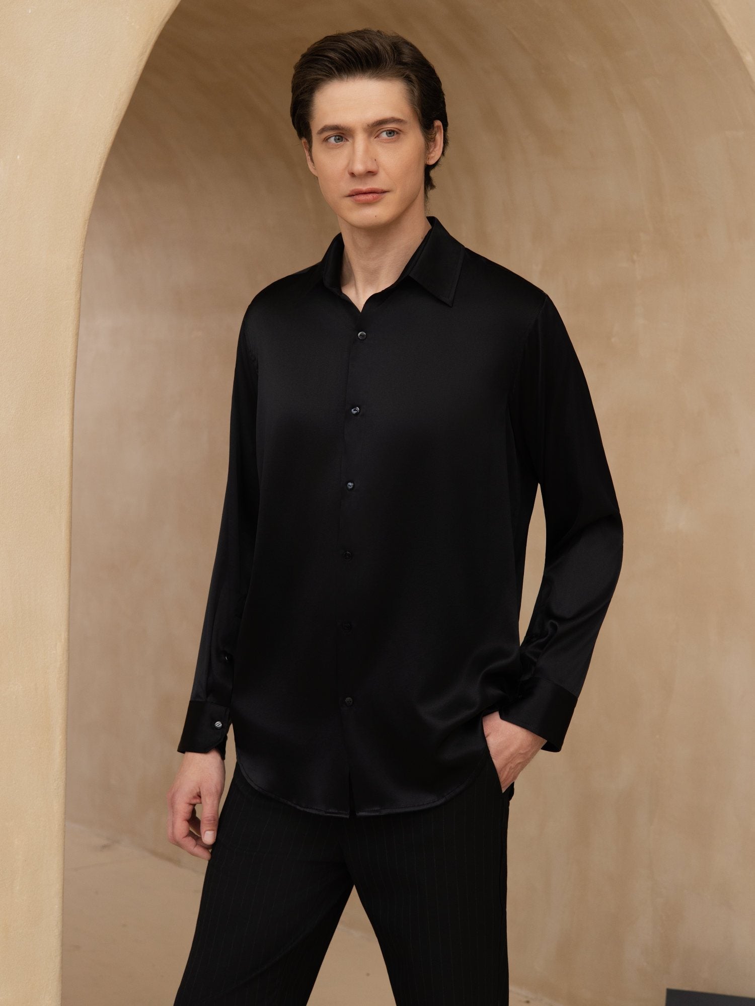 [Zwart] SilkSilky-NL 19Momme Lange Mouw Reverskraag Heren Shirt 001