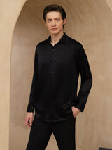 [Zwart] SilkSilky-NL 19Momme Lange Mouw Reverskraag Heren Shirt 001