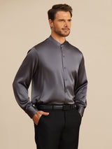 [Donkergrijs] SilkSilky-NL Long Sleeve Stand Collar Heren Shirt 005