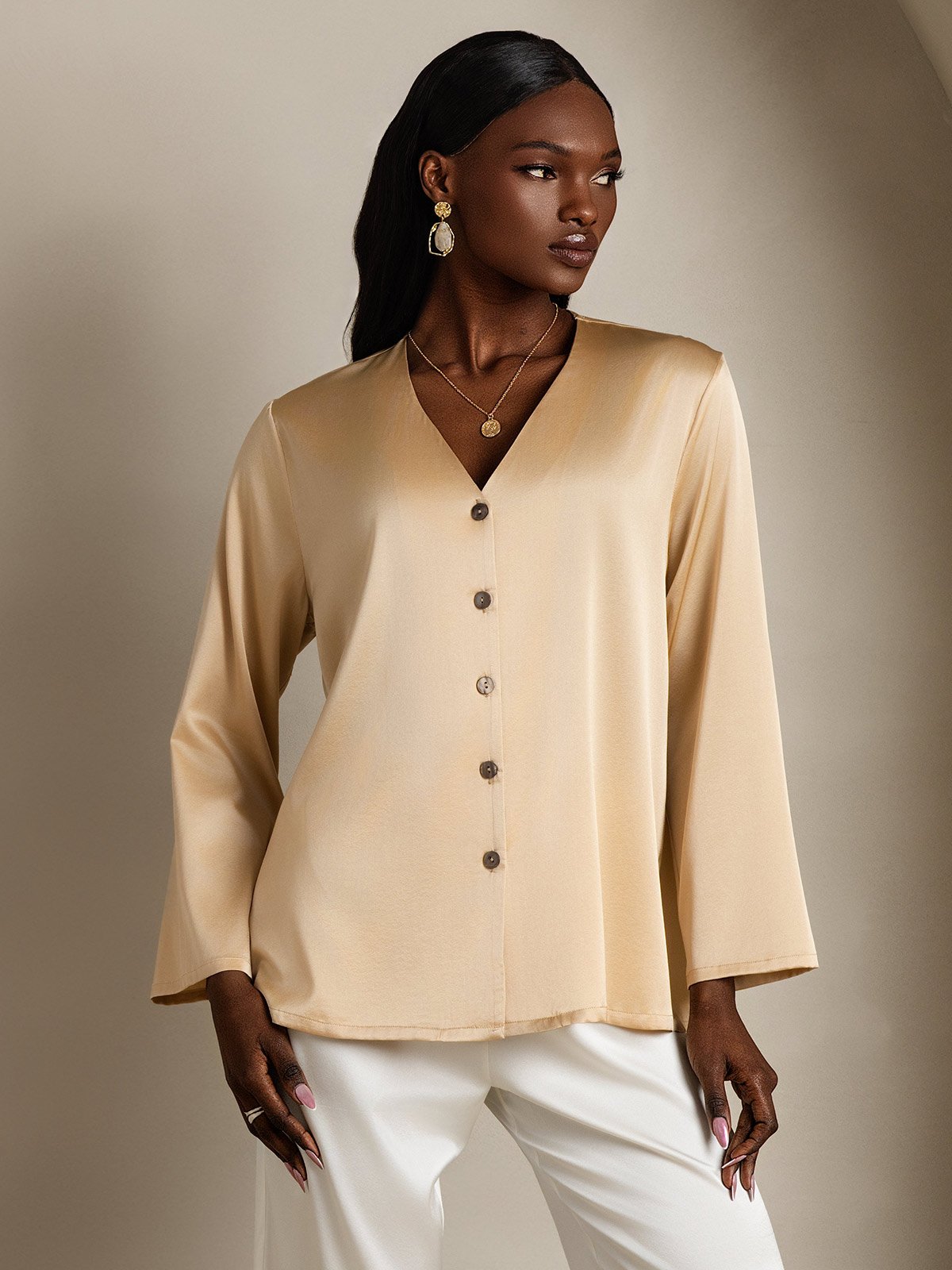 [Champagne] SilkSilky-NL 19Momme Zijde V-Hals Dames Blouse 001