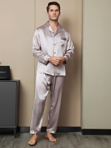 [Bleek Mauve] SilkSilky-NL Lange Mouw Notchkraag Heren Pyjama Set 004