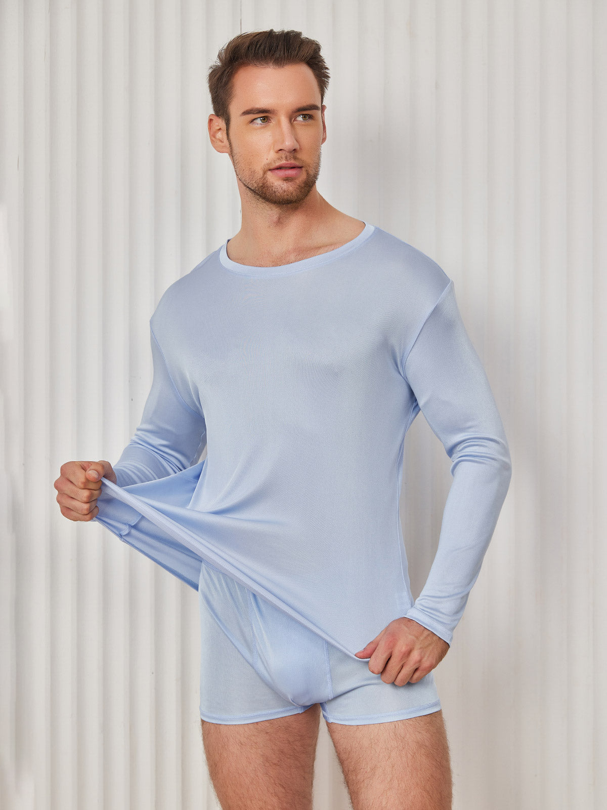 [Lichtblauw] SilkSilky-NL Zijde Gebreid Ronde Hals Heren T-Shirt 004