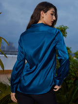 [Koningsblauw] SilkSilky-NL Long Sleeve Lapel Collar Dames Blouse 002
