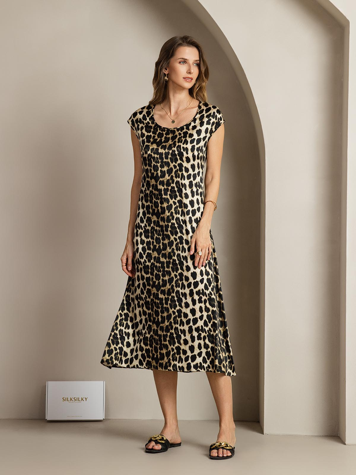 [Leopard] SilkSilky-NL 19Momme Zijde Ronde Hals Jurk 008