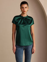 [Donkergroen] SilkSilky-NL Short Sleeve Split Blouse 001