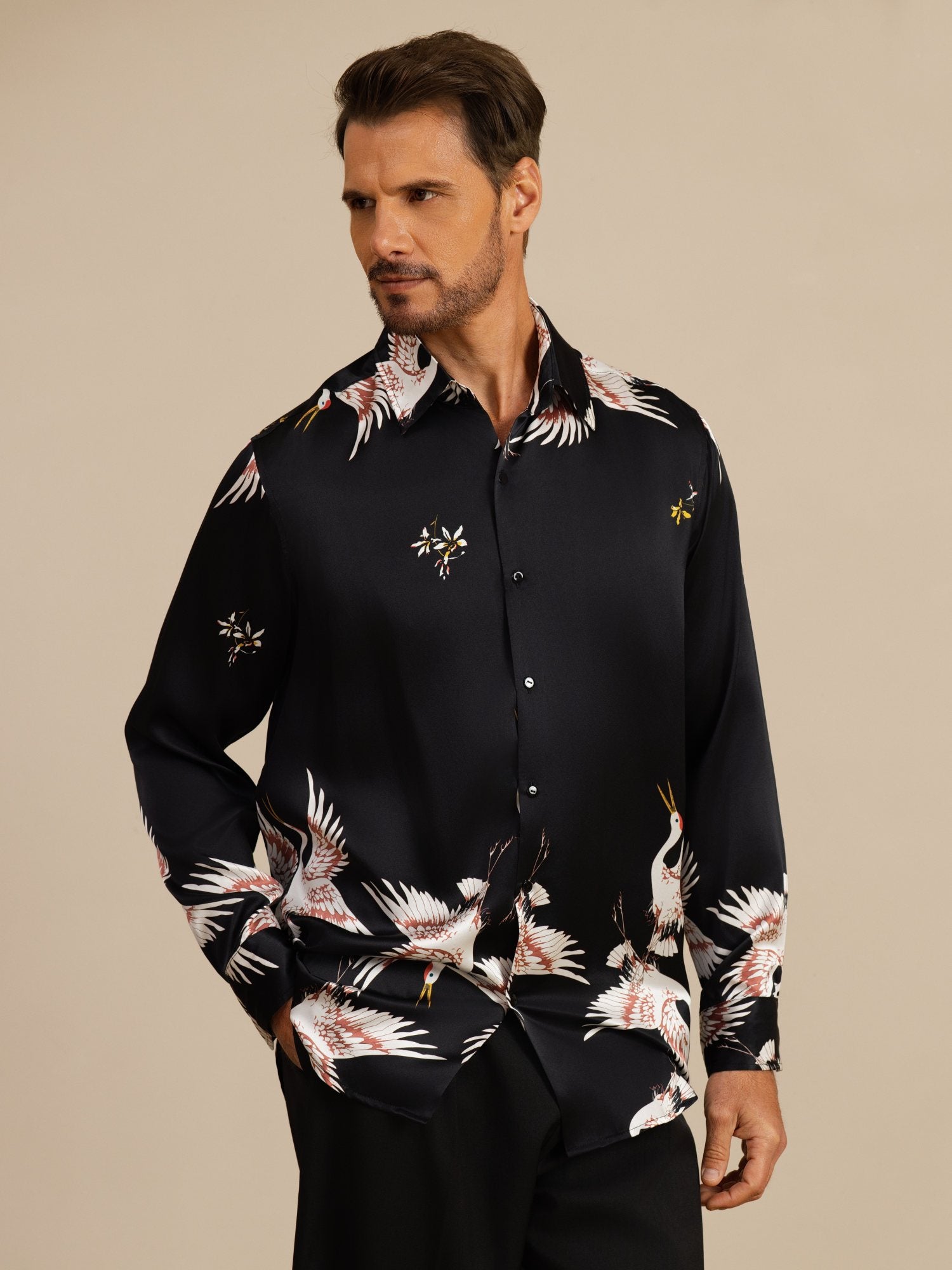 [Zwart] SilkSilky-NL 19Momme Lange Mouw Reverskraag Heren Shirt 003
