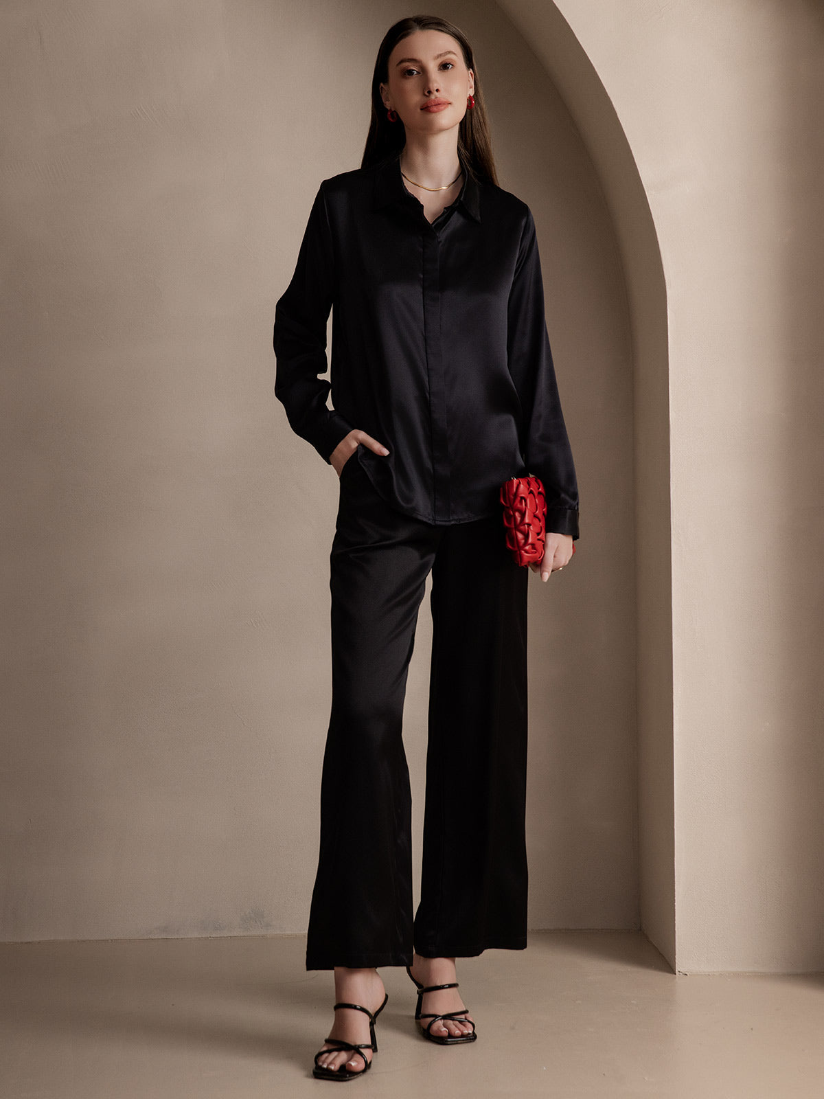 [Zwart] SilkSilky-NL 19Momme Zijde Lapel Collar Dames Blouse 007