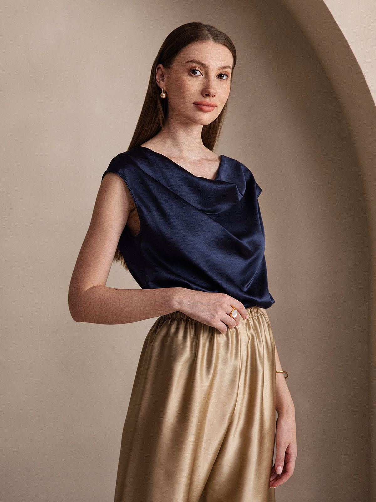 [Donkerblauw] SilkSilky-NL 19Momme Zijde Mouwloos Womens T-Shirt 005