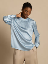 [Grijsachtig Blauw] SilkSilky-NL 19Momme Lange Mouw Ronde Hals Blouse 001