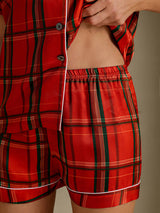 [Rood Geruit] SilkSilky-NL Short Sleeve Notch Collar Dames Pyjama Set 005
