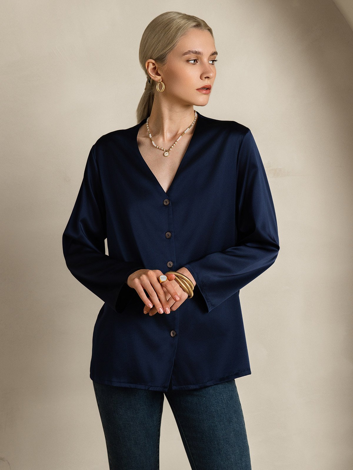 [Donkerblauw] SilkSilky-NL 19Momme Zijde V-Hals Dames Blouse 005
