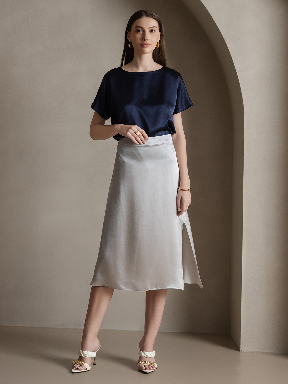 [Lichtgrijs] SilkSilky-NL 19Momme Zijde Skirt 002